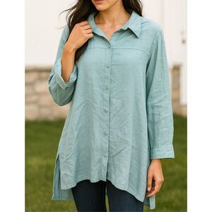 Flax linen blue button front shirt relaxed fit boho size medium